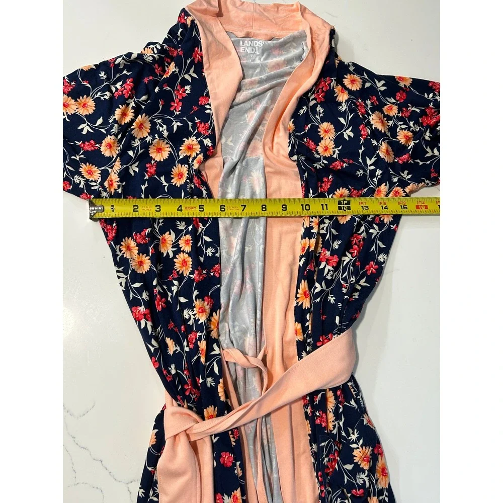 Lands End Womens XS Navy Peach Floral Long Sleeve Knit Robe Pockets Sleepwear
